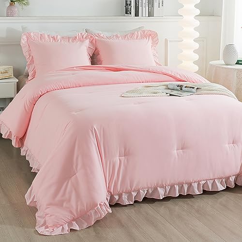 Andency Pink Ruffle Comforter Set Twin, 2 Pieces Kids Comforter (66x90Inch), Lightweight Soft Girls Shabby Chic Bedding, All Season Bed Set