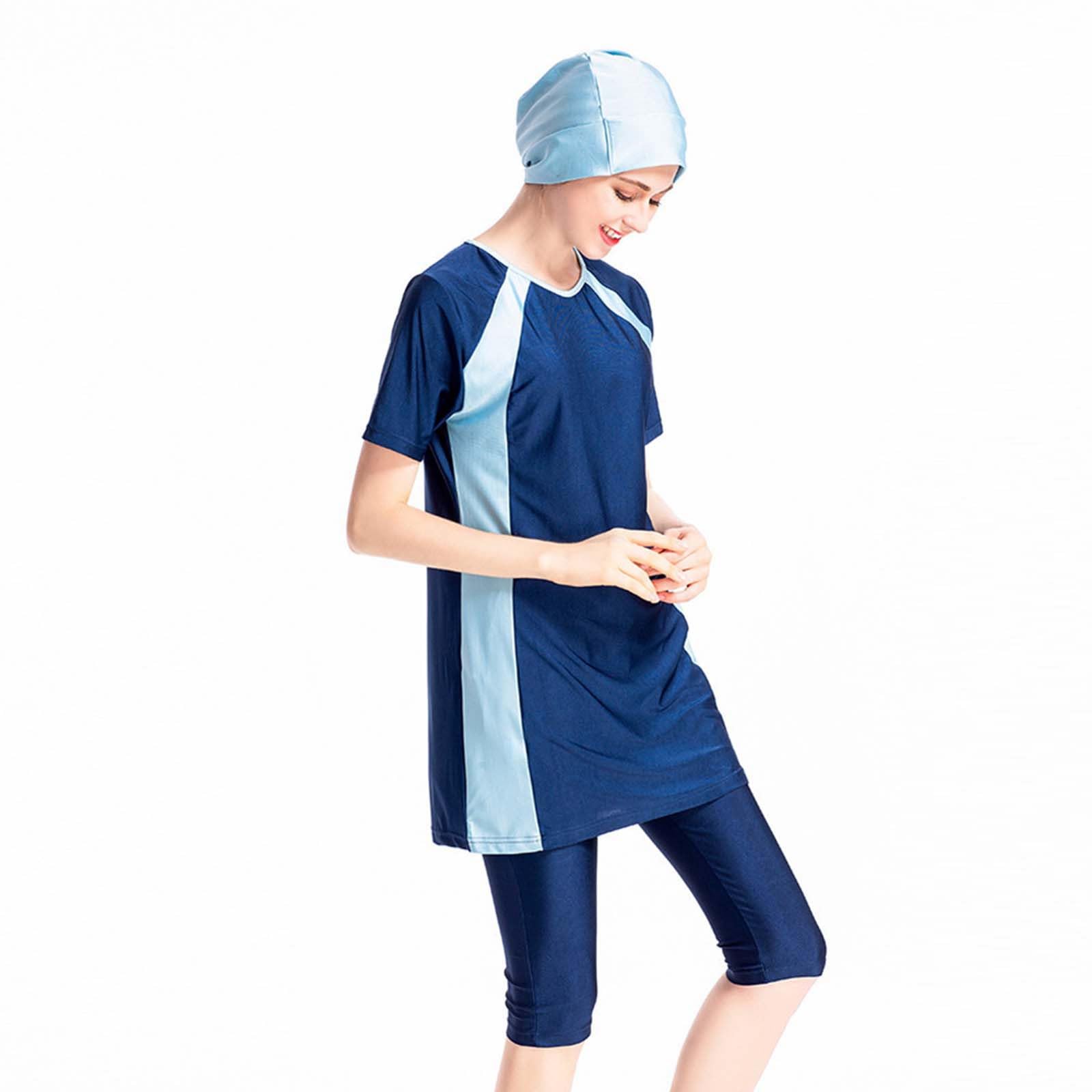 Burkini Costume da bagno da donna musulmano con cappuccio tinta unita Beachwear Costume da bagno Burkini manica corta top e pantaloni islamici 2 pezzi modesti costumi da bagno Beachwear con
