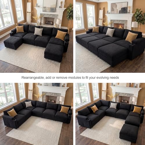 Image of Sectional Couches for Living Room FSC Certified Chenille Modular Couch Oversized Cloud U Shaped Convertible Sleeper Sofa Chaise Detachable Armrest Cushion (Chenille Black, L Shape 6 Seat)