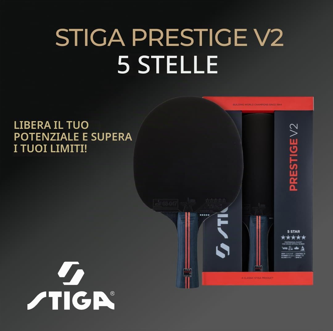 STIGA Prestige V2 Racchetta da Ping Pong a 5 Stelle – Alta Velocità, Telaio 5 Strati, Impugnatura Concava, ACS + WRB, Gomma ITTF, Spugna 2.0 mm