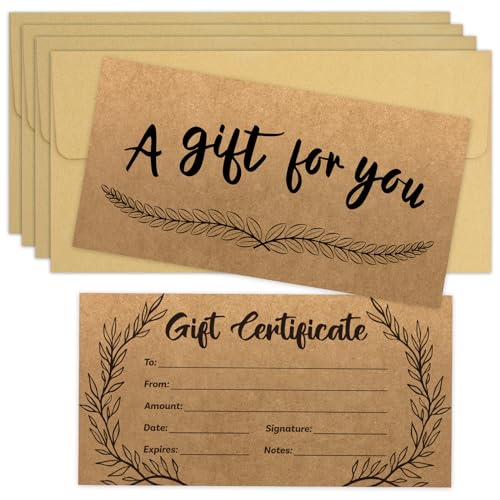 GIANTRUMP 24 Pcs Blank Gift Certificates Kraft Certificate Cards with 24 Pcs Envelopes for Business Salon Restaurants Spa Christmas Birthday, 3.5 x 7