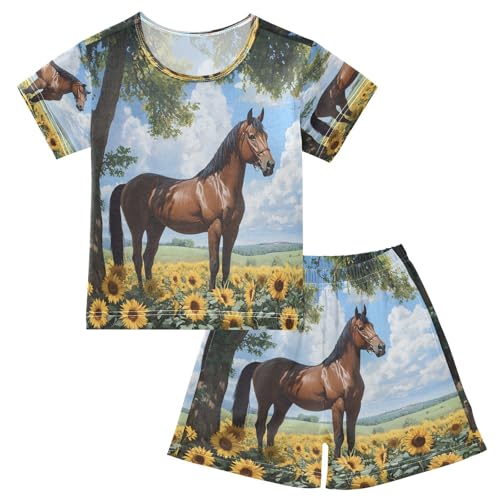 ALAZA Horse Sunflower Leaf Tree Pajamas Set Short Sleeve Cotton Sleepwear Summer Pjs 2 Piece 5-14Y