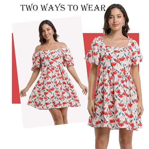Women's Floral Mini Dress Square Neck Boho Puff Sleeve A Line Dress2