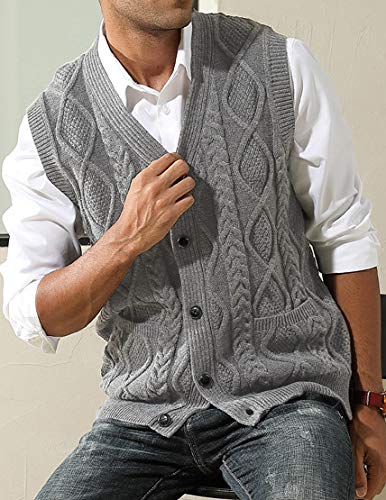 Men's Sweater Vest Cable Knitted V-Neck Cardigan Vest With Pockets Grey L #TOP3