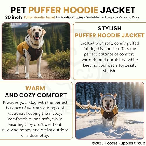 Image of Foodie Puppies Dog Puffer Hoodie Warm Winter Jacket - (Yellow Olive, 30 Inch) for Xtra Large Dogs | Ultra Warm Waterproof & Windproof Fur Coat | Washable Pet Vest Apparel for Cold Weather
