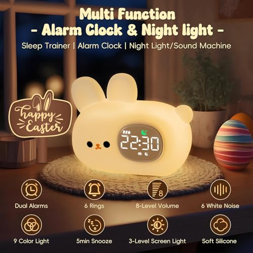 Image of Bunny Alarm Clock with Night Light for Kids with Sleep Training and Sound Machine, Rechargeable Silicone Lamp OK to Wake Clock,Cute Animal Tabletop Lamp, Perfect Sleep Companion for Boys Girls