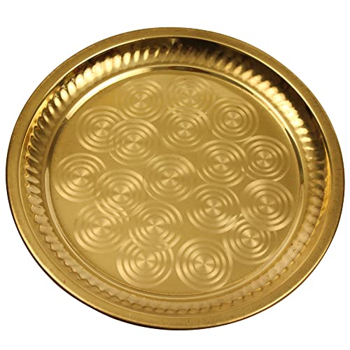 Spillbox Traditional Handcrafted Brass Puja, Pooja Thali, Arati, Arathi, Arthi, Arti, Arathi, Bartan Thambulam Plate -Ring Thali- Size 7 Medium Gold
