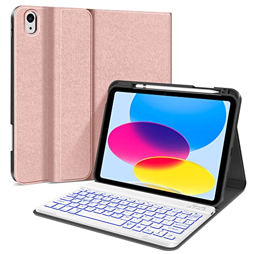 WERNURPAI iPad 10th Generation Keyboard Case 10.9inch 2022, Backlit Keyboard Case for ipad 10th Gen A2696/A2757/A2777 Detachable Bluetooth Keyboard Case with Pencil Holder Rose Gold
