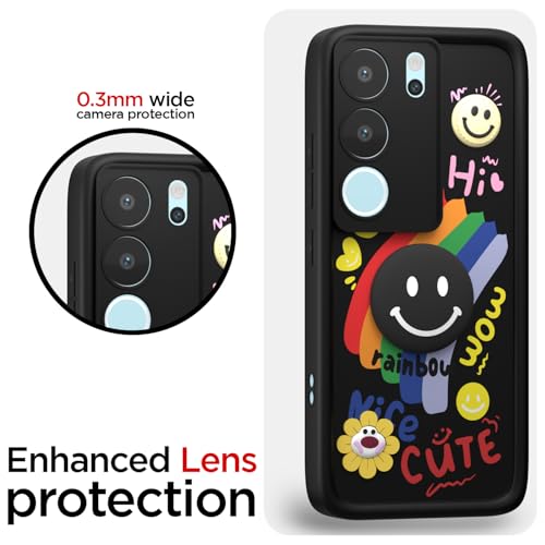 Image of Pikkme Back Cover for Vivo V29 5G / V29 Pro 5G | Soft Silicone| Cute Rainbow Smile & 3D Cartoon Flower Design | Shockproof Raised Camera Protection Bumper Case (Black)