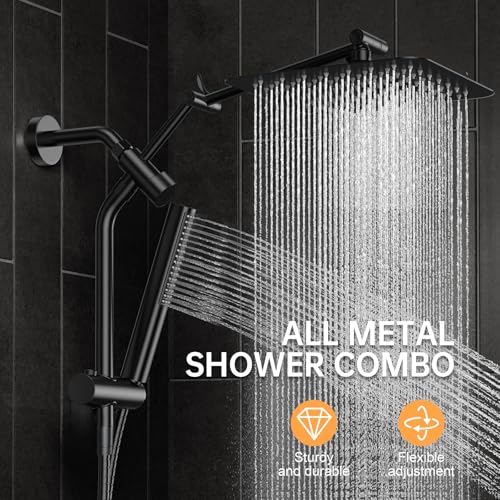 Image of Veken All Metal 10 inch Black Shower Head with Handheld, Luxurious Square Double Rain Shower Heads with Power Wash Hand Held,Dual High Pressure Detachable Rainfall Showerhead with Arm,Bathroom,Matte Black