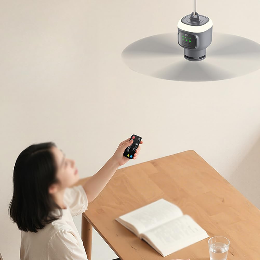 Ventilador de techo portátil, ventilador recargable con control remoto, batería de 12000 mAh, 4 velocidades, 3 temporizadores, silencioso para camping, dormitorio, hogar
