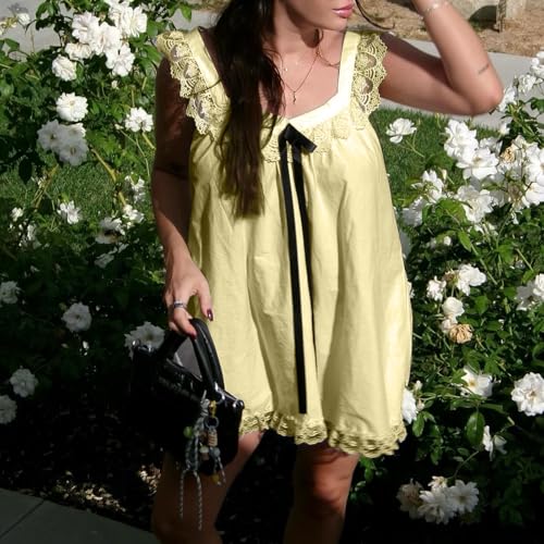 Image of Women Y2K Babydoll Mini Dress Cute Bow Lace Trim Pleated Ruffle Short Sundress Casual Party Vacation One Pieces