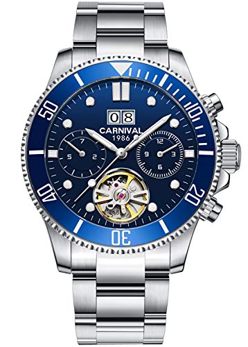 PASOY Mens Automatic Watch Luminous Dial Sapphire Tourbillon Date Military Mechanical Waterproof Watches for Men(Blue dial)