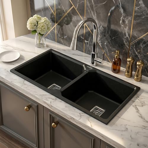 Image of ARQUIN Double Bowl Quartz Kitchen Sink 45x20x9 Inch Black | Durable & Scratch-Resistant Sink | Undermount,Topmount | Including Coupling,Sink Connector,Waste Pipe & Fruit Washing Basket