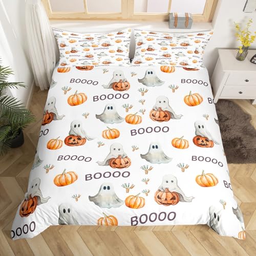 Manfei Halloween Kids Duvet Cover Set Twin Size, Autumn Pumpkin Comforter Cover, Cartoon Halloween Ghost Bedding Set for Boys Girls Adults, Lightweight Bedspread Cover, 1 Pillowcase,No Comforter