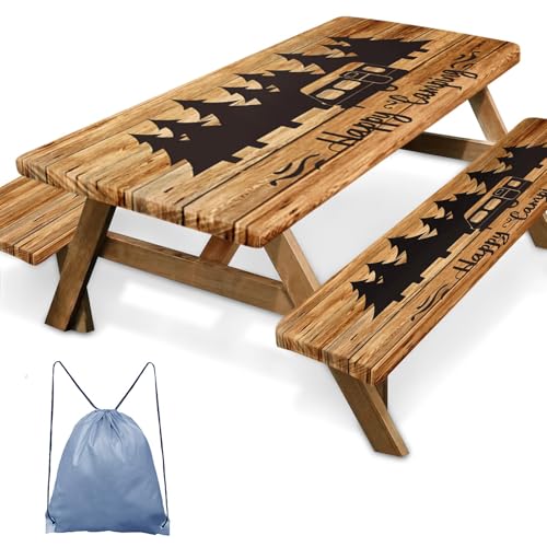 Britown Picnic Table Cover with Bench Covers Elastic Edges, Wood Camper Fitted Table Cover, Outdoor Patio Camping Essentials 72 Inch 3PCS, Waterproof Camping Fitted Tablecloth with Drawstring Bag