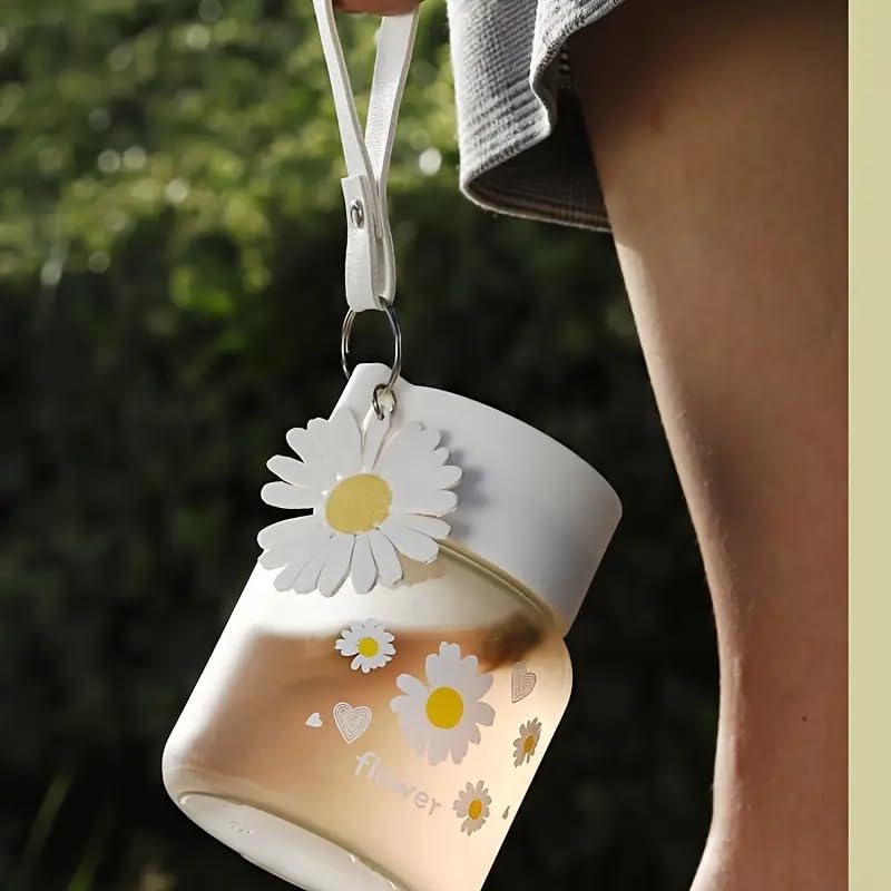 Image of Cute Flower Glass Water Bottle with Lid & Daisy Keychain | Frosted Aesthetic Reusable Milk Juice Coffee Tumbler | Leak Proof Eco-Friendly Travel Cup for Girls & Women - 300ml (2 Pcs)