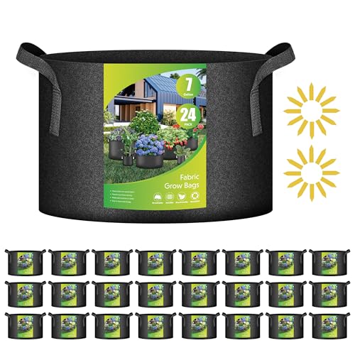 iPower 24-Pack 7 Gallon Grow Bags Heavy Duty Thickened Aeration Nonwoven Fabric Pots with Nylon Handles and 24 Labels for Planting Vegetables Fruits Flowers Black