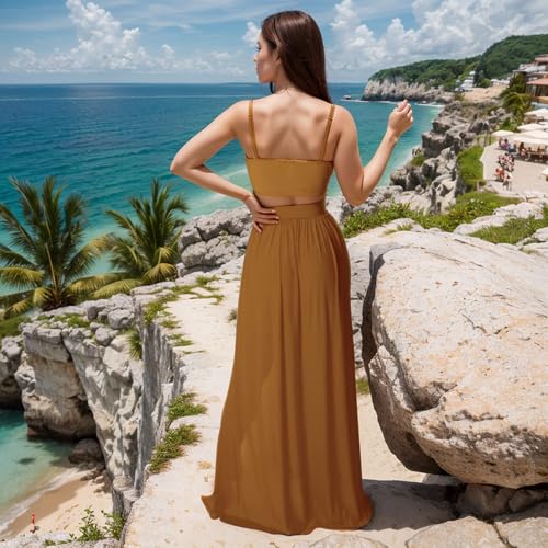 Image of Women Sexy 2 Piece Outfits Dress Chiffon Strap Deep V Neck Bra Crop Top High Split Maxi Dresses Skirt Set