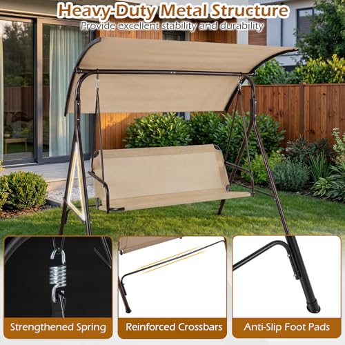 Image of Tangkula 3 Person Porch Swing, Patio Swing with Adjustable Canopy, 800 lbs Heavy-Duty Metal Frame & Breathable Fabric Seat, Outdoor Swing for Backyard Lawn Deck