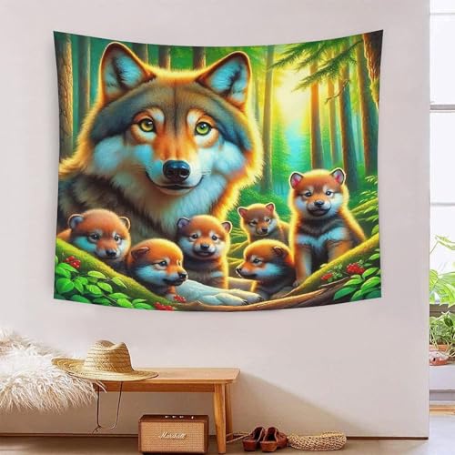Tenture 3D loup et forêt pour créer une ambiance évasion au coucher de soleil dans le salon