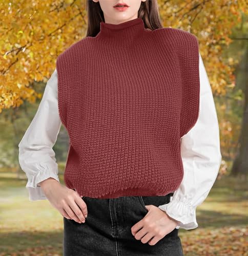 Image of Womens Sleeveless Sweater Vest Turtleneck Ribbed Knit Tank Tops Basic Slim Fit Top