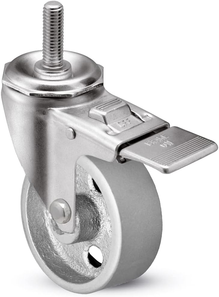 CasterHQ - 3" X 1.25" Gray Iron SEMI Steel Wheel - 1/2"-13x1 Threaded Stem - Total Locking Swivel Caster - 300 LBS Cap
