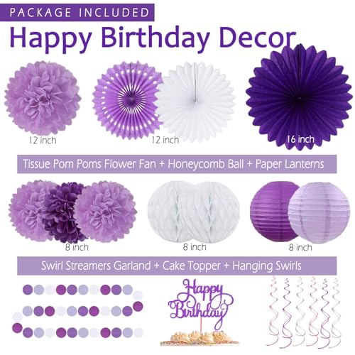 Image of Purple Birthday Decorations for Women Girls,Happy Banner,Lilac Paper Lanterns Tissue Pom Poms Flower Fan,Purple White Balloon Decor For 40th 50th Anniversary Princess Backdrop Party Supplies