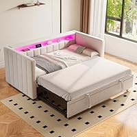 RIAZOS Daybed Upholstered Bed 90 x 190 cm, 3FT Single Sofa Bed with Cup Holders, USB &Type C Charging Station, Pull out Trundle for Living Room and Bedroom, Linen, No Mattress