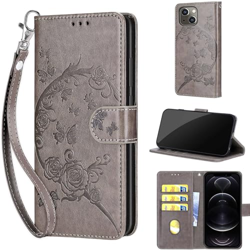 Étui en cuir synthétique gaufré pour iPhone 14 et 13 protection fleur grise