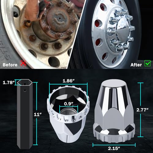 Image of CheeMuii 66 Pack Lug Nut Covers with Installation Tool Extra 6 Pcs Nut Covers as Replacement to Prevent Damage 33mm ABS Chrome Screw-on Nut Cover Caps for Semi Truck Trailer