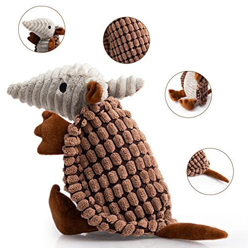 Image of Hollypet Plush Dog Squeaky Toy Stuffed Armadillo Animal Pet Puppy Chew Toys with Clean Teeth for Small Medium Large All Breed Sizes Dogs, Brown, 8 in