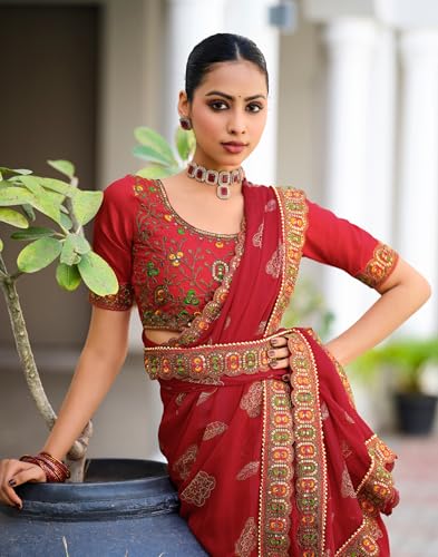 Image of SIRIL Women's Bandhani Printed Georgette Sequence Lace Scalloped Border Saree with Unstitched Blouse Piece