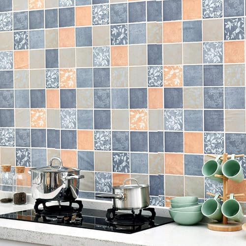 Image of 45 x 600 CM Wallpaper for Bathroom Waterproof Kitchen Tiles Pattern, DIY Stove Backsplash, Countertop Self Adhesive Decal (Blue Orange)