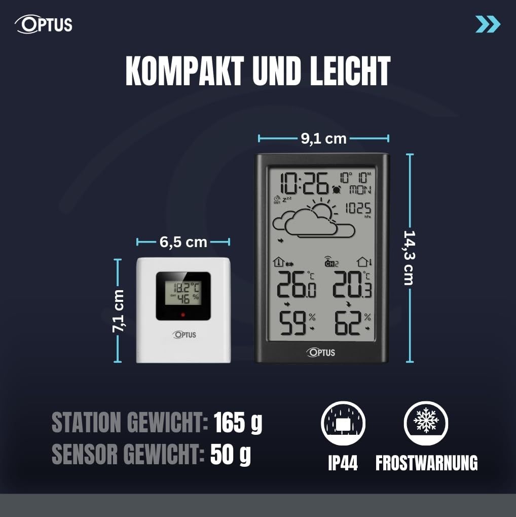 Optus estación meteorológica inalámbrica con sensor exterior, reloj DCF, alerta de heladas, temperatura y humedad interior y exterior, negro