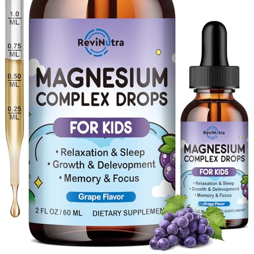 Image of Magnesium Glycinate Liquid for Kids, Kids Magnesium Liquid Drops Supplement with L-Theanine, Calcium, Zinc, Vitamin D3 K2 for Sleep Calm Relaxation Brain Bones Focus, Grape Flavor 2 Fl Oz