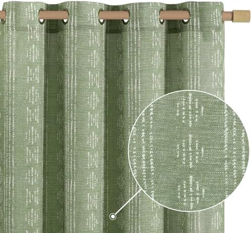 jinchan Boho Curtains Linen Curtains for Living Room Farmhouse Sage Green Curtains 84 Inch Length for Bedroom Semi Sheer Drapes Geometric Striped Printed Light Filtering Grommet Curtains 2 Panels Set