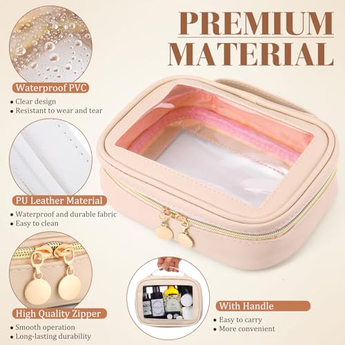 Kigeli 4 Pcs Clear Makeup Bags for Car Essential, Waterproof Clear Travel Toiletry Organizer Leather Makeup Bags with Handle Zipper, Small Cosmetic Pouch Set for Women Car Gift(Nude Color)3