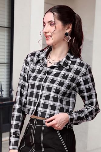 Image of POPWINGS Casual Pure Cotton Checks Crop Shirt for Women | Stylish Western Crop Shirt for Women | Full Sleeves Crop Shirt for Women
