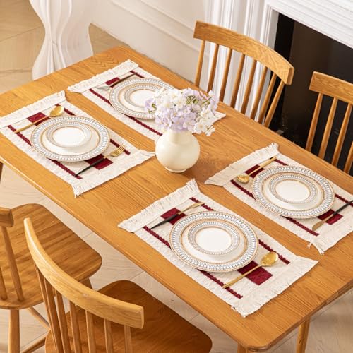 Image of HomeCloud Croshia Woven Table placemat - Heat Resistant, Washable Table Decoration for Dining, Office, Kitchen, Hotel, and Home (Rec White Maroon, Set of 4)