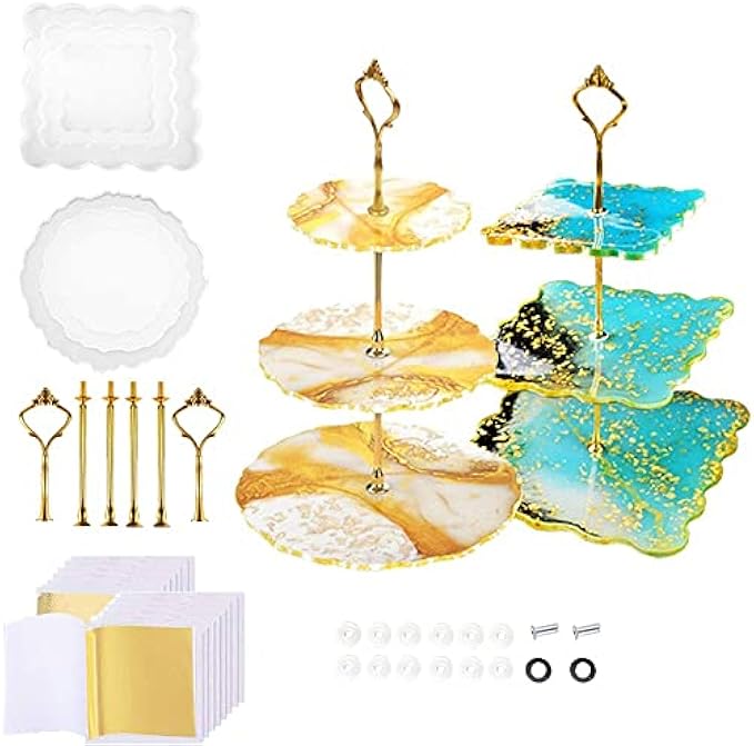 2 Pack 3 Tier Cake Stands Resin Tray Molds, Epoxy Resin Casting Molds with 6 Crown Holders and 20 Gold Foils, DIY Silicone Molds for Cupcake Dessert Plate Serving Stands (Round + Square)