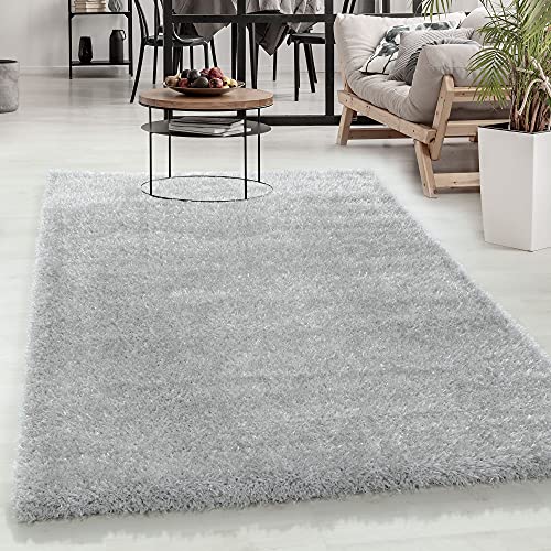 Carpetsale24 Tapis Shaggy, Tapis Shaggy Doux et uni, Tapis à Fils Brillants Argent, Dimensions:120 cm x 170 cm Cover