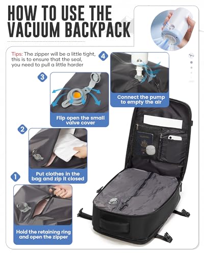 Image of Vacuum Backpack with Pump for Women Men, Compression Backpack for Travel, Vacpack for School Business Trip, Lightweight Airback Backpacks with Vacuum Seal, Carry On Bag for Airport( Black Large)