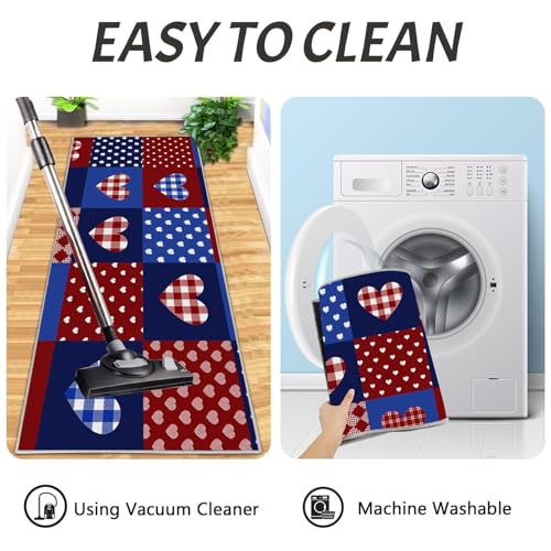 Alfombras de cocina antideslizantes azul marino de pasillo con estampado patchwork y corazones 7