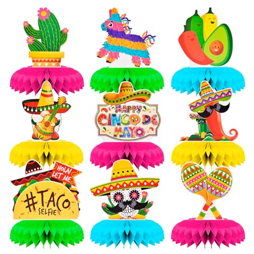 9 Pieces Cinco de Mayo Festival Honeycomb Centerpieces Table Decor, Mexican Fiesta Vibrant Cactus, Piñata, Taco and Sombrero Pattern Table Topper Ornaments Signs, Holiday Party Decorations