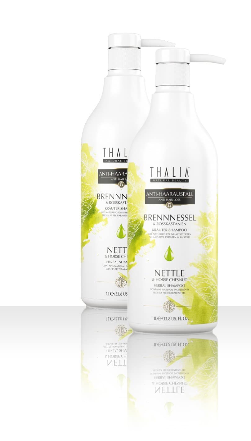 2L Thalia Brennnessel & Rosskastanien Shampoo 2x 1000 ml (2000 ml), unterstützt den Haarwachstum, gegen gespaltenes Haar(Spliss), Antischuppen, ohne Silikon, VEGAN beruhigend Haarpflege 100% natürlich