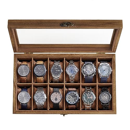 SONGMICS 12-Slot Wood Watch Box - Watch Case, Christmas Gifts, Watch Box Organizer with Large Glass Lid, Watch Display Case with Removable Pillows, Gift for Loved Ones, Rustic Walnut UJOW120K01