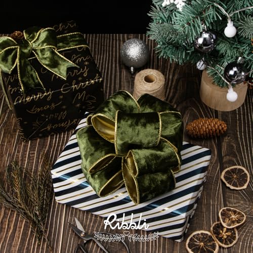Image of Ribbli Moss Green Velvet Wired Ribbon 1.5 Inch Metallic Moss Gold Crushed Velvet Christmas Ribbon for Gift Wrapping Christmas Tree Decoration Crafts Wreaths Supplies-Continuous 10 Yards