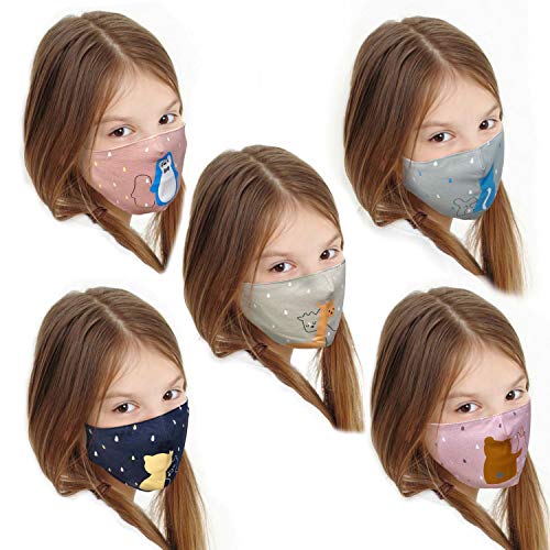 Kid's Fashion Protective Face Covering Gear Double Fabric Layers Washable Reusable Set of 4 (Cotton Pack of 5)