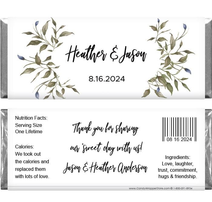 Green Foliage Wedding Candy Bar Wrapper - Set of 36